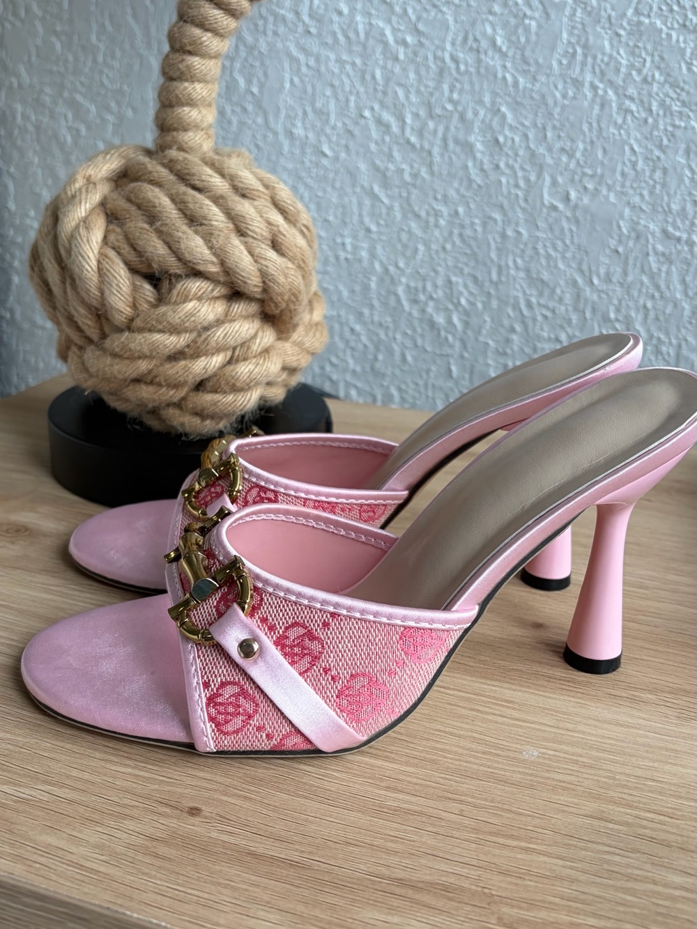 Pink High-Heel Slide Sandals with Gold Accent